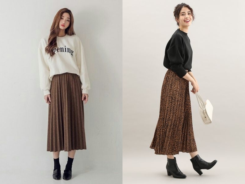 Chân váy dài màu nâu cũng giúp bạn có set đồ đẹp trong ngày đông (Nguồn:mmoutfit.com và afamily.vn)