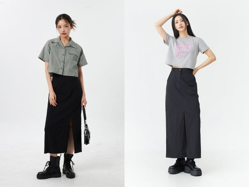 27b30762-cach-phoi-do-voi-chan-vay-den-15 Năng động xen lẫn chút phá cách với áo croptop chân váy xẻ tà đen dài (Nguồn: Lewkin)