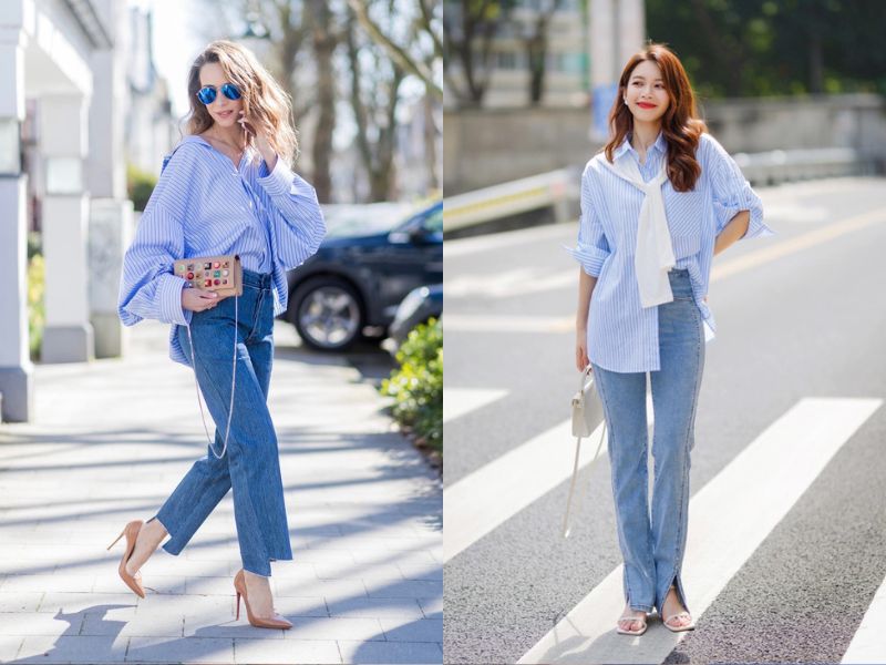 2990bd86-mau-xanh-duong-phoi-voi-maug-gi-21 Áo sơ mi sọc xanh trắng thường dành cho các cô nàng tài giỏi, khí chất (Nguồn: Elle/ Báo Thanh Niên)