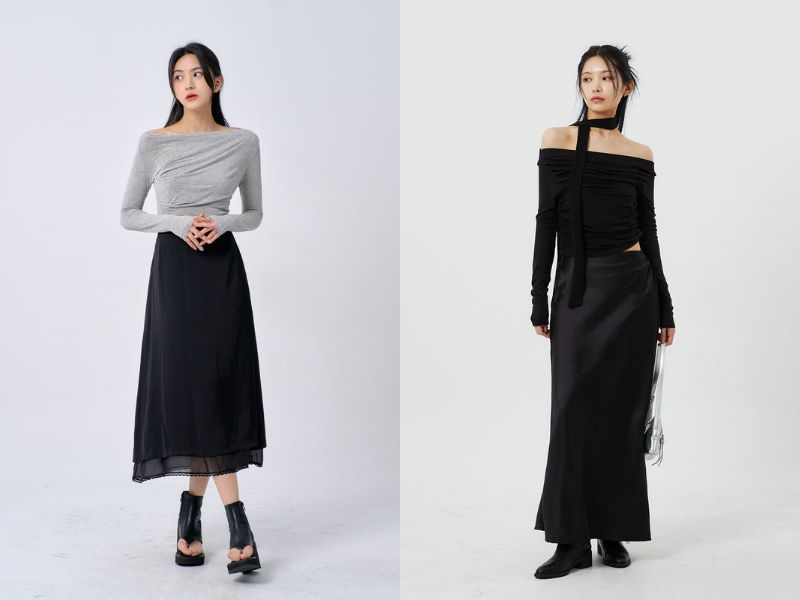 2cdd5613-cach-phoi-do-voi-chan-vay-den-13 Trở nên thanh lịch cùng set áo trễ vai và chân váy đen (Nguồn: Lewkin)