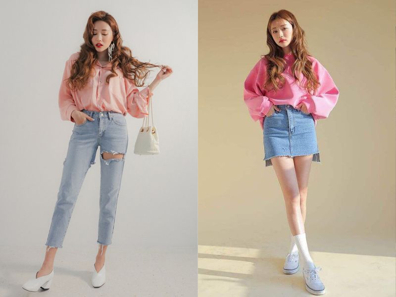 3b910d42-mau-xanh-duong-phoi-voi-maug-gi-8 Đồ jeans xanh dương có thể mặc cùng với áo sơ mi hoặc áo thun hồng (Nguồn: Xưởng May Atlan/ Gạo House)