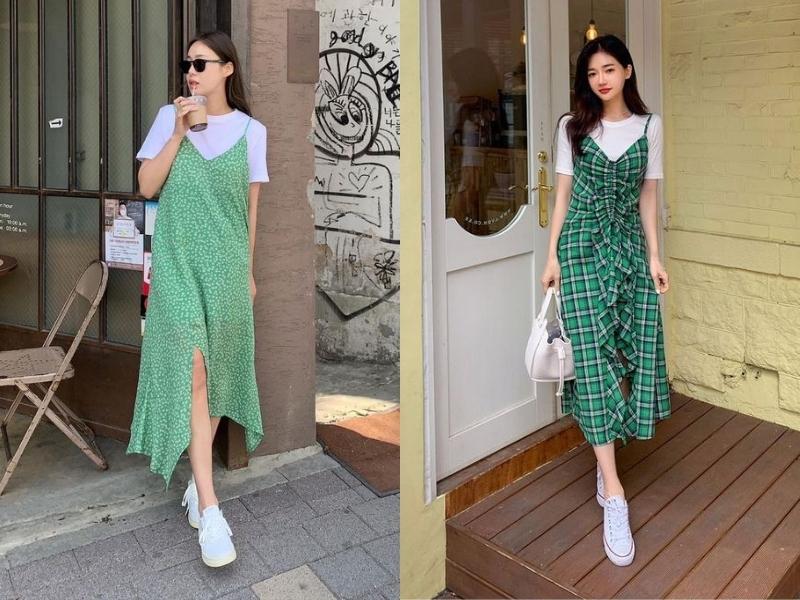 47c15b42-cach-phoi-do-nu-di-choi-mua-he-42 Bạn có thể phối áo thun và đầm hai dây để trông trẻ trung hơn (Nguồn: Ngoclytruongdang)