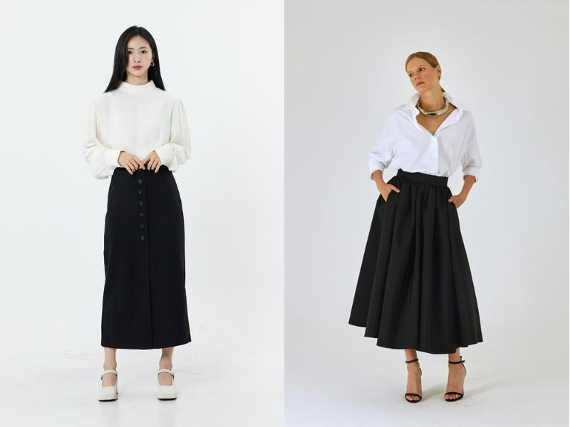 501ed399-cach-phoi-do-voi-chan-vay-den-9 Áo sơ mi trắng giúp bạn trông phù hợp với môi trường công sở hoặc những sự kiện quan trọng (Nguồn: Lewkin/Kooding)
