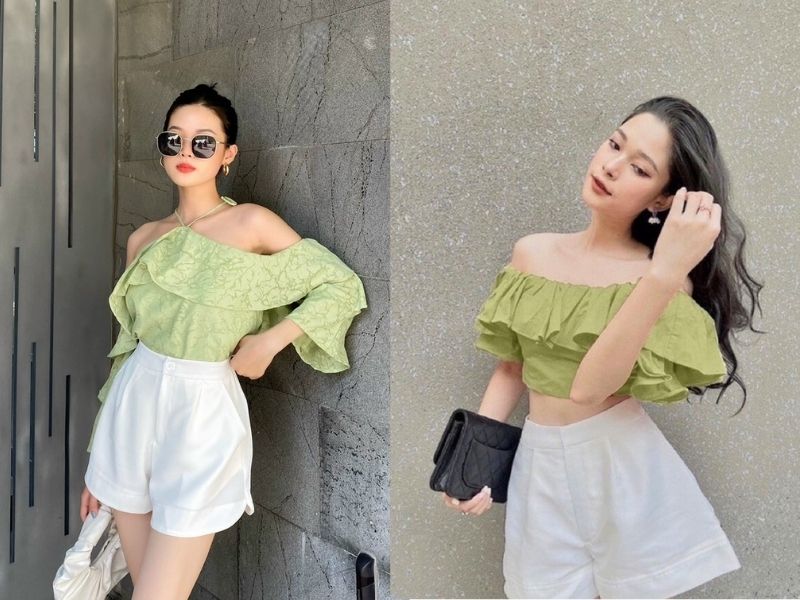6dfa3c4b-phoi-do-voi-quan-short-nu-44 Bạn nên chuẩn bị băng keo hai mặt để tránh sự cố với áo trễ vai dạng dây (Nguồn: Dealtoday.vn/ Thời trang nữ)