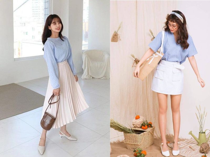 73bf52ff-mau-xanh-duong-phoi-voi-maug-gi-34 Một cách phối màu xanh dương nhạt điệu đà là kết hợp với chân váy màu trắng (Nguồn: Eva/ Phụ nữ Việt Nam)