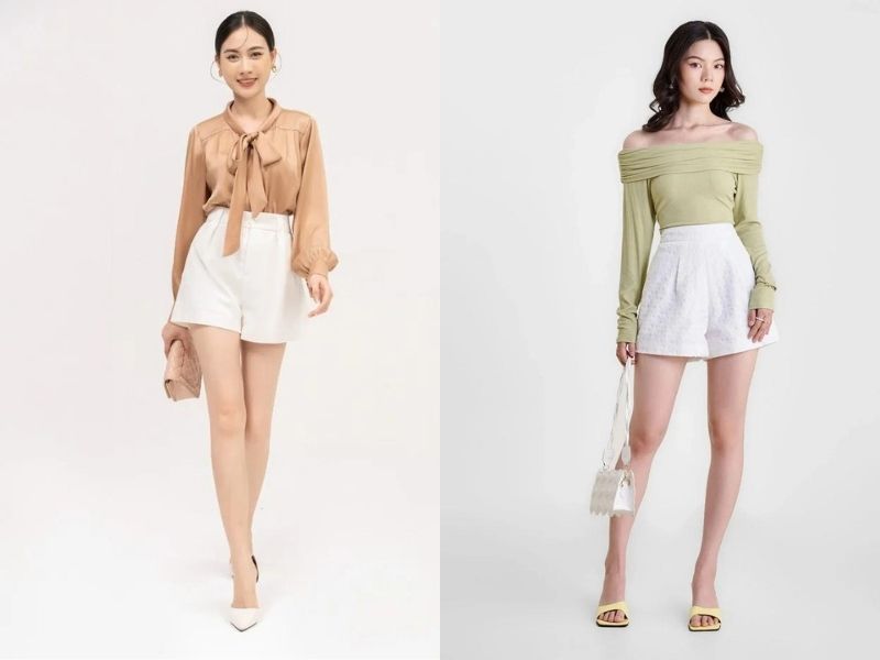 7ab87e40-phoi-do-voi-quan-short-nu-19 Quần short trắng mặc cùng sơ mi hoặc áo kiểu khi đi làm (Nguồn: New Fashion & Marc Fashion)