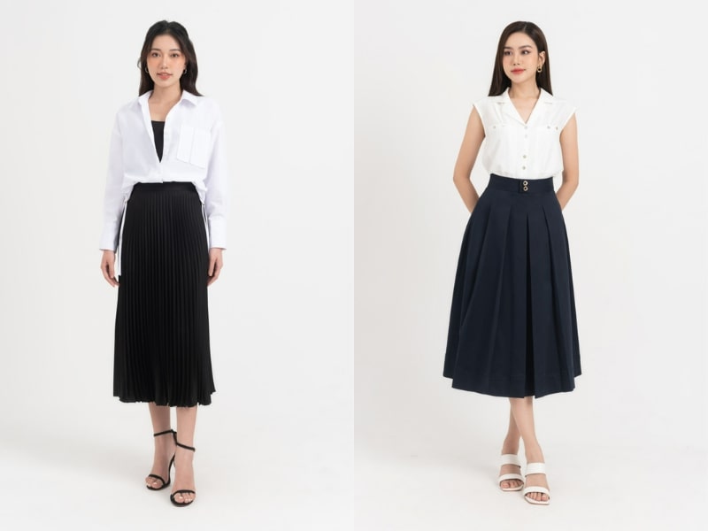 7c15b032-cach-phoi-do-voi-chan-vay-den-14 Trở nên quý phái và thanh lịch cùng cách phối đồ với chân váy xếp ly dài đen (Nguồn: IVY Moda)