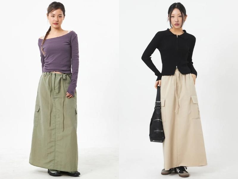 82bade60-phoi-do-voi-chan-vay-dai-2 Phối đồ với chân váy cargo dài