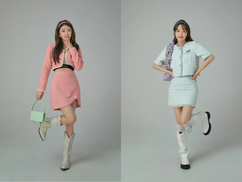 Set váy dạ tweed màu pastel phù hợp với các bạn nữ trẻ tuổi đi dự tiệc sinh nhật (Nguồn: chuumade.com)