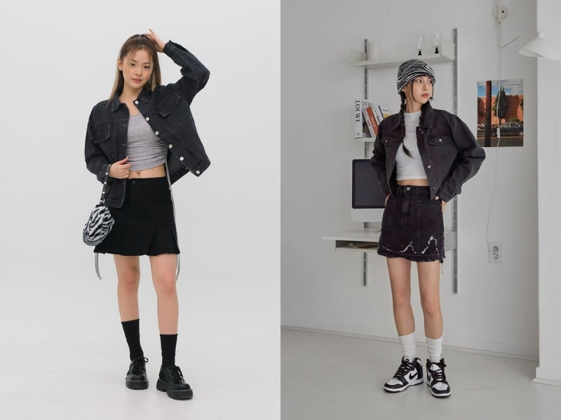 97d66c1d-cach-phoi-do-voi-chan-vay-den-21 Một chút bụi bặm khi mix đồ với áo khoác denim (Nguồn: Lewkin)