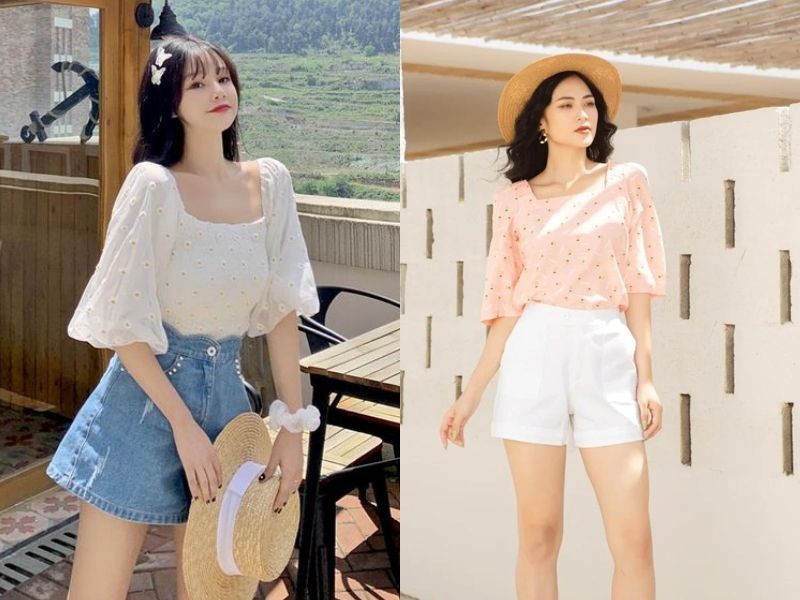 ae28e123-phoi-do-voi-quan-short-nu-38 Áo cổ vuông thích hợp với các nàng mặt tròn vì giúp mặt bạn thon gọn hơn (Nguồn: Marc/ Thời trang Hạnh)