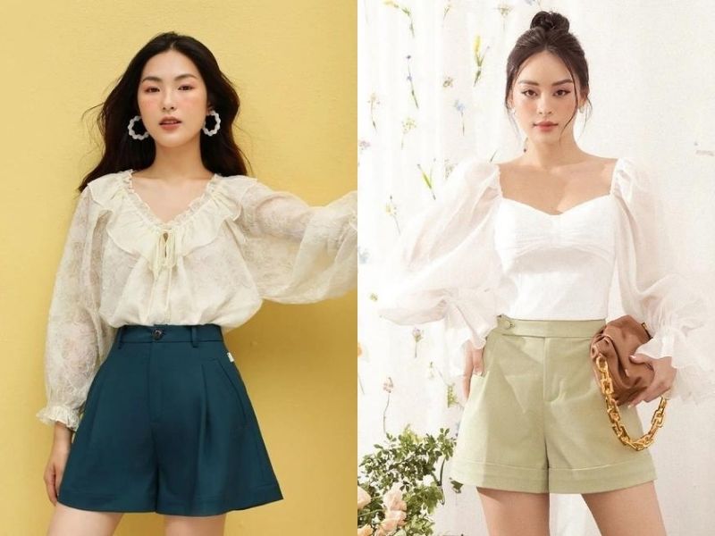 c9d7e967-phoi-do-voi-quan-short-nu-9 Quần ống rộng và áo kiểu nữ giúp bạn trở nên thanh lịch hơn (Nguồn: Kênh 14)