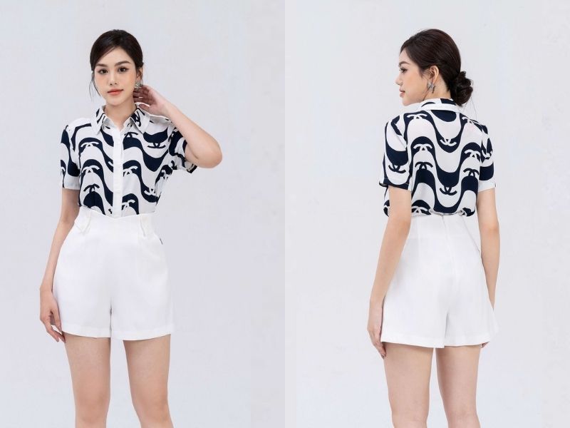 cea22d46-phoi-do-voi-quan-short-nu-20 Áo sơ mi họa tiết cũng phù hợp với quần short trắng (Nguồn: Liin Clothing)