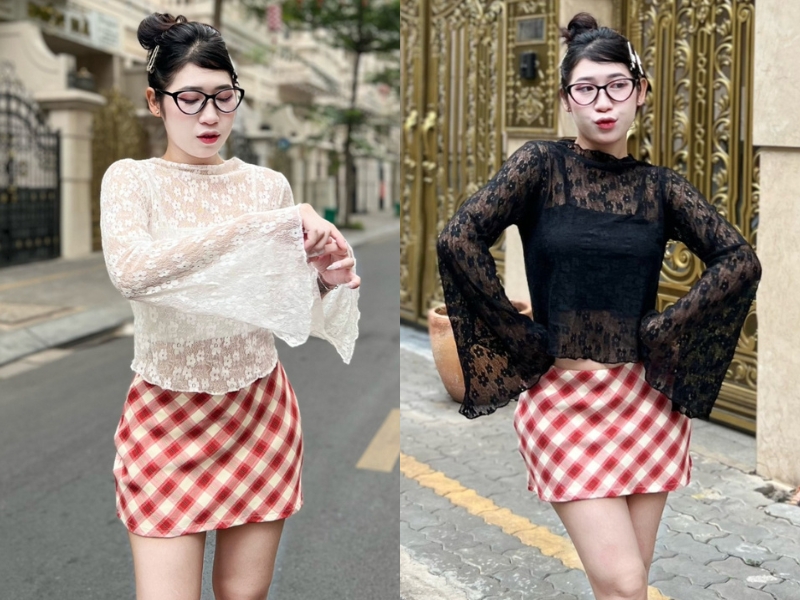 d698dae4-cach-phoi-do-nu-di-choi-mua-he-04 Set đồ mùa hè nữ với áo lưới cùng chân váy sọc đỏ caro