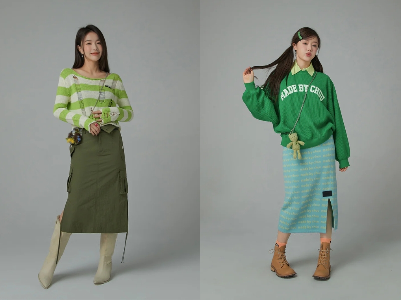 Áo màu xanh lá có thể kết hợp với các màu xanh dương hoặc xanh rêu (Nguồn: chuumade.com)
