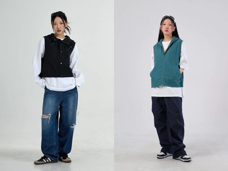 eba9ad9e-phoi-do-voi-quan-ong-rong-23 Áo gile gió mang đến cảm giác nhẹ nhàng (Nguồn: lewkin.com)