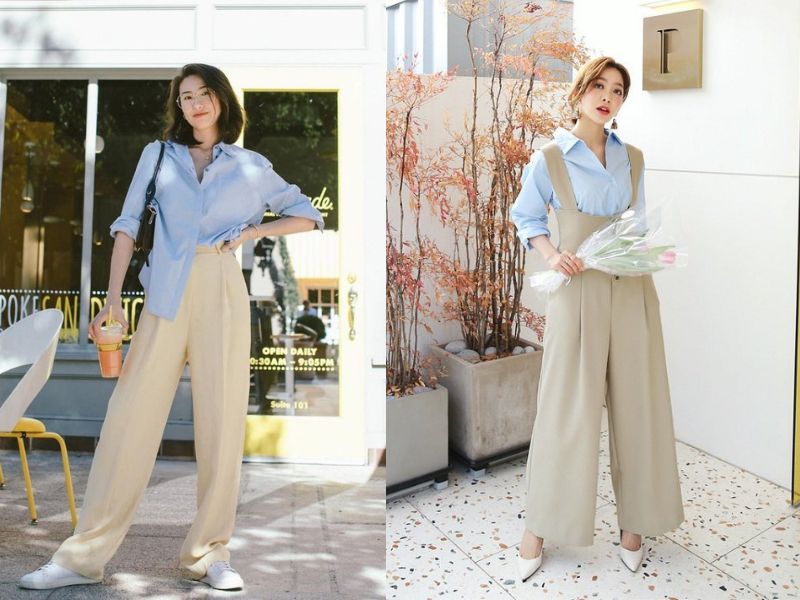 f41c4fdd-mau-xanh-duong-phoi-voi-maug-gi-23 Áo xanh dương mặc cùng quần màu kem ống rộng là cách phối đồ thanh lịch phổ biến (Nguồn: Eva / Đồng phục Hải Anh)