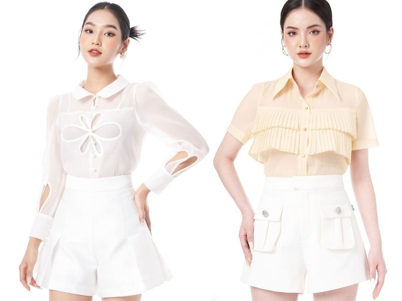 fb3a7d4f-phoi-do-voi-quan-short-nu-18 Quần short trắng mặc cùng áo vải voan đầy điệu đà (Nguồn: Liin Clothing)